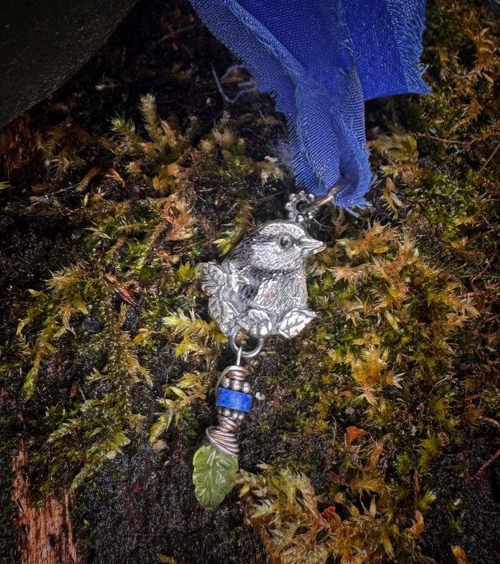 Bluetit Pendant on Recycled Sari Silk Ribbon