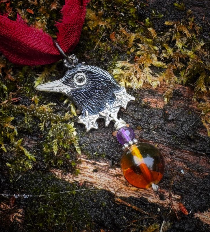 Blackbird Pendant on Recycled Sari Silk Ribbon