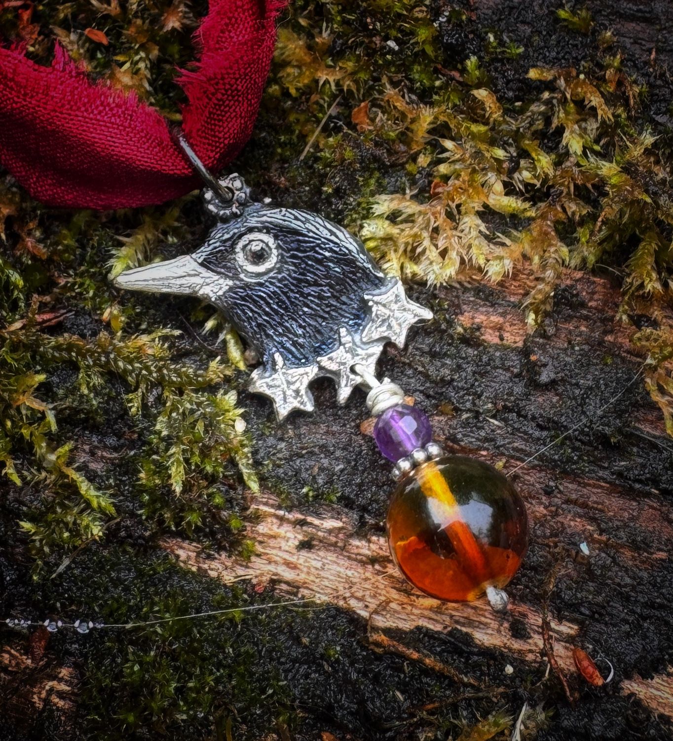 Blackbird Pendant on Recycled Sari Silk Ribbon