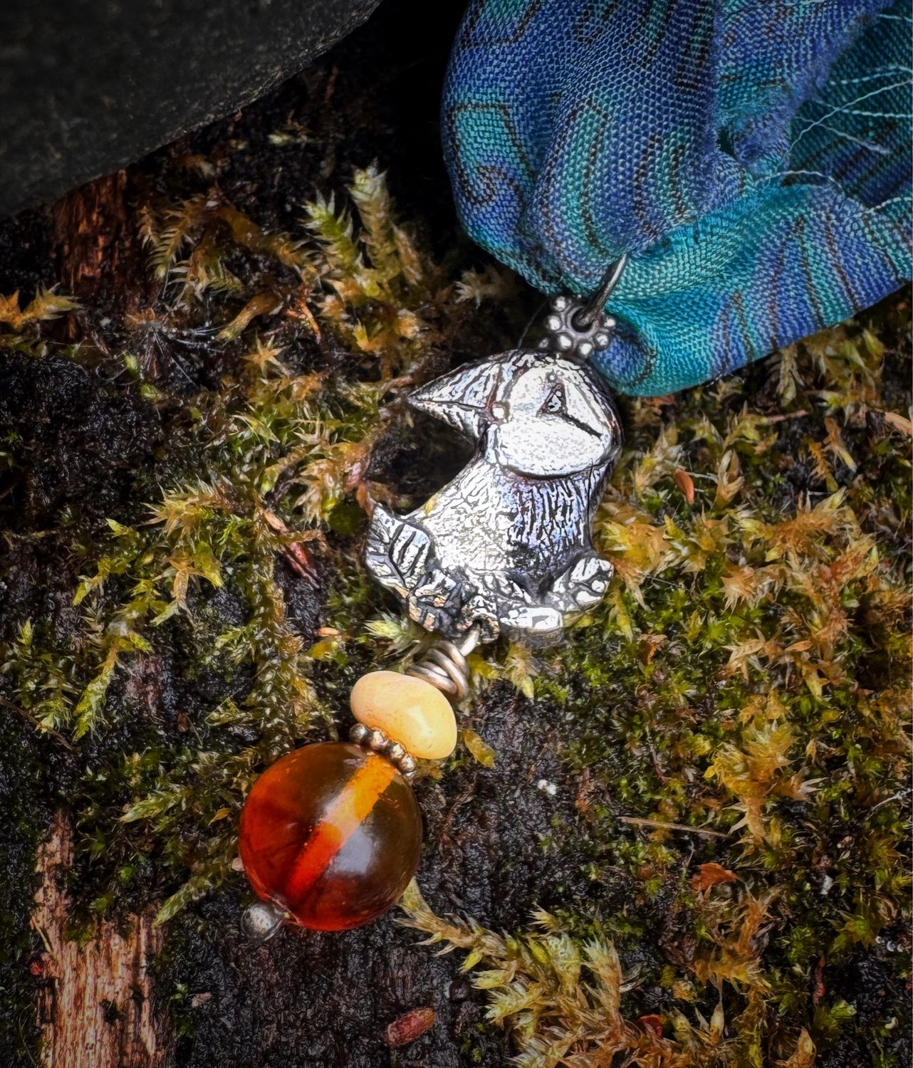 Puffin Pendant On Recycled Sari Silk Ribbon