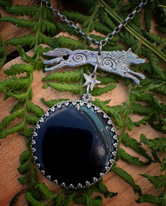 Wolf Pendant With Black Obsidian Scrying Mirror