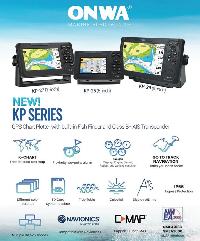 ONWA KP‑29X – 9″ GPS‑Kartenplotter mit integriertem class B AIS Transponder und Fishfinder Sonar