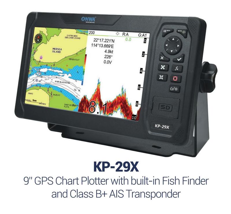 ONWA KP‑29X – 9″ GPS‑Kartenplotter mit integriertem class B AIS Transponder und Fishfinder Sonar