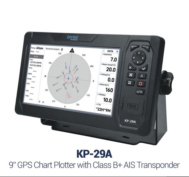 ONWA KP‑29A – 9″ GPS‑Kartenplotter mit integriertem AIS Class B+ Transponder ONWA KP‑29A – 9″ GPS‑Kartenplotter mit integriertem AIS Class B+ Transponder