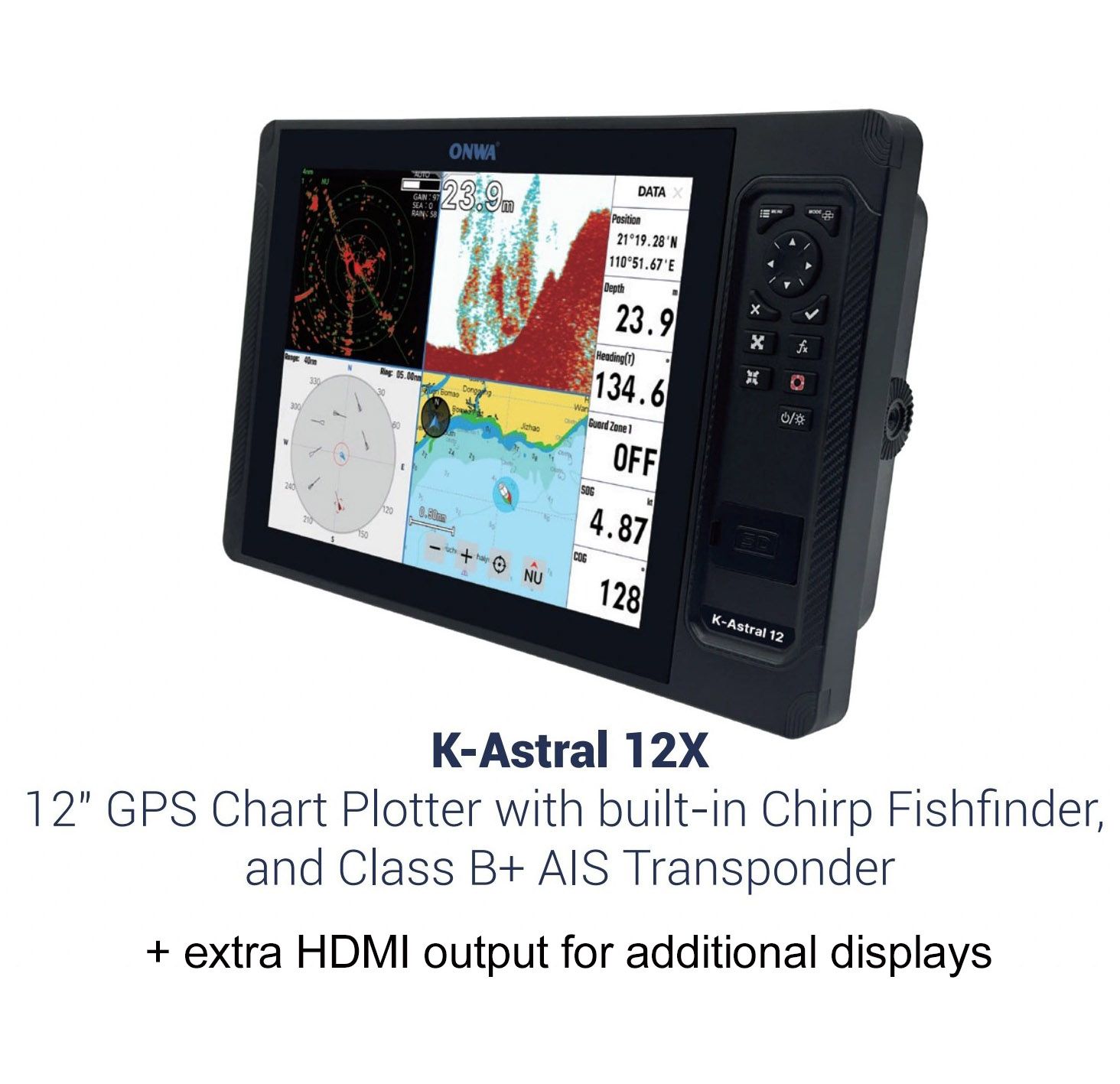 ONWA K‑Astral 12X – 12″ Marine‑GPS‑Kartenplotter + AIS class B Transponder + Fishfinder Sonar Echolot mit Touchscreen