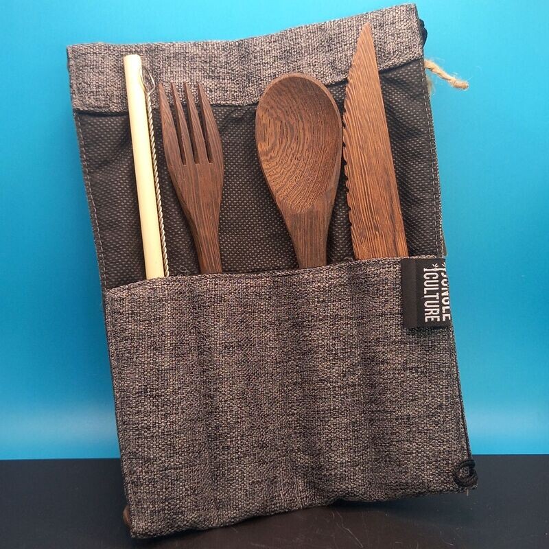 Reclaimed Dark Wood Cutlery Set  Grey Pouch
