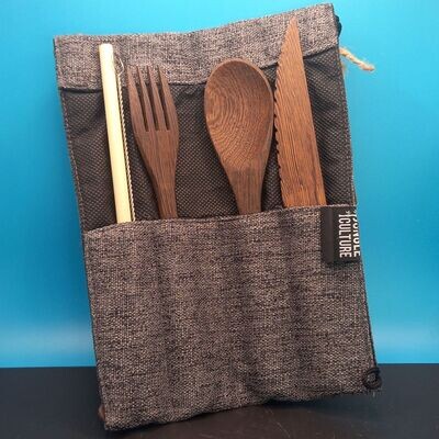 Reclaimed Dark Wood Cutlery Set  Grey Pouch