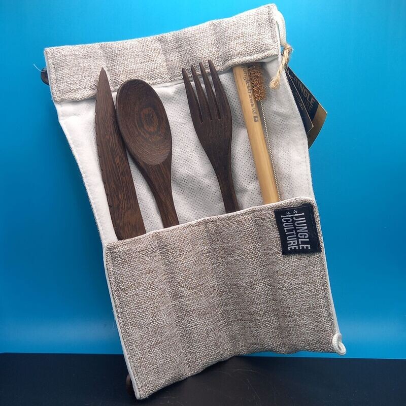 Reclaimed Dark Wood Cutlery Set Cream Pouch