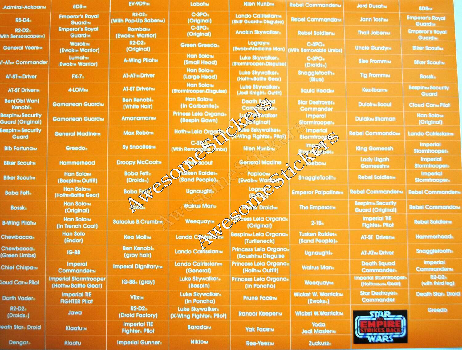 Star Wars Name Charts Orange/White custom repro stickers labels decals DIE CUT