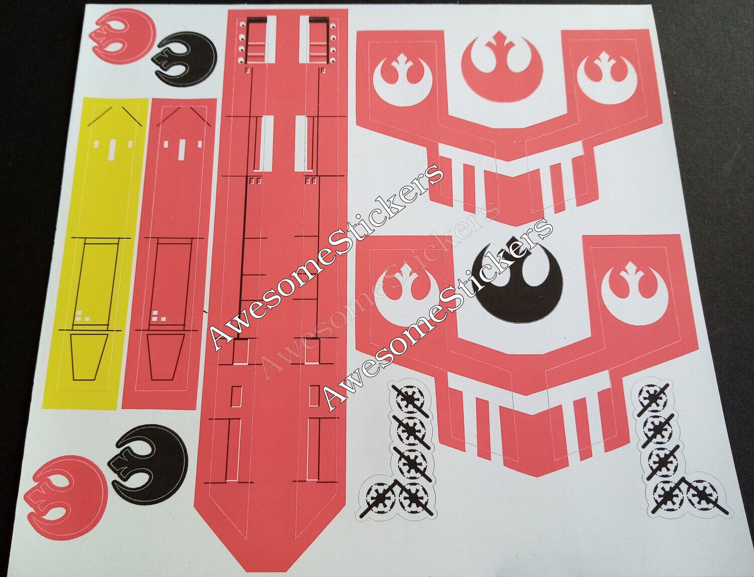 Star Wars X Wing custom Red stickers labels on white MATT vinyl X-Wing DIE CUT