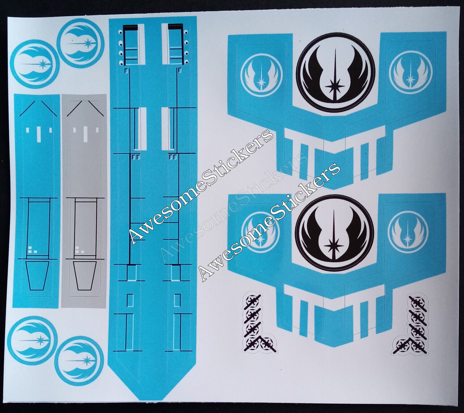Star Wars X Wing custom repro replacement Blue stickers labels on white high gloss vinyl X-Wing DIE CUT
