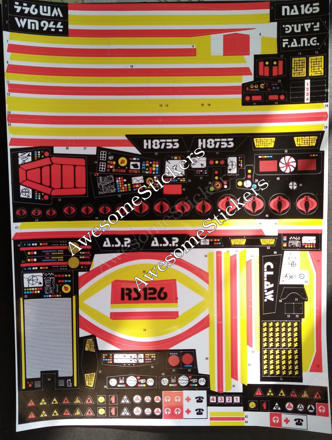 Action Force Hyena V1-Escape Armour V2-Roboskull V2-F.A.N.G-A.S.P-Water Moccasin custom repro replacement sticker sheet DIE CUT