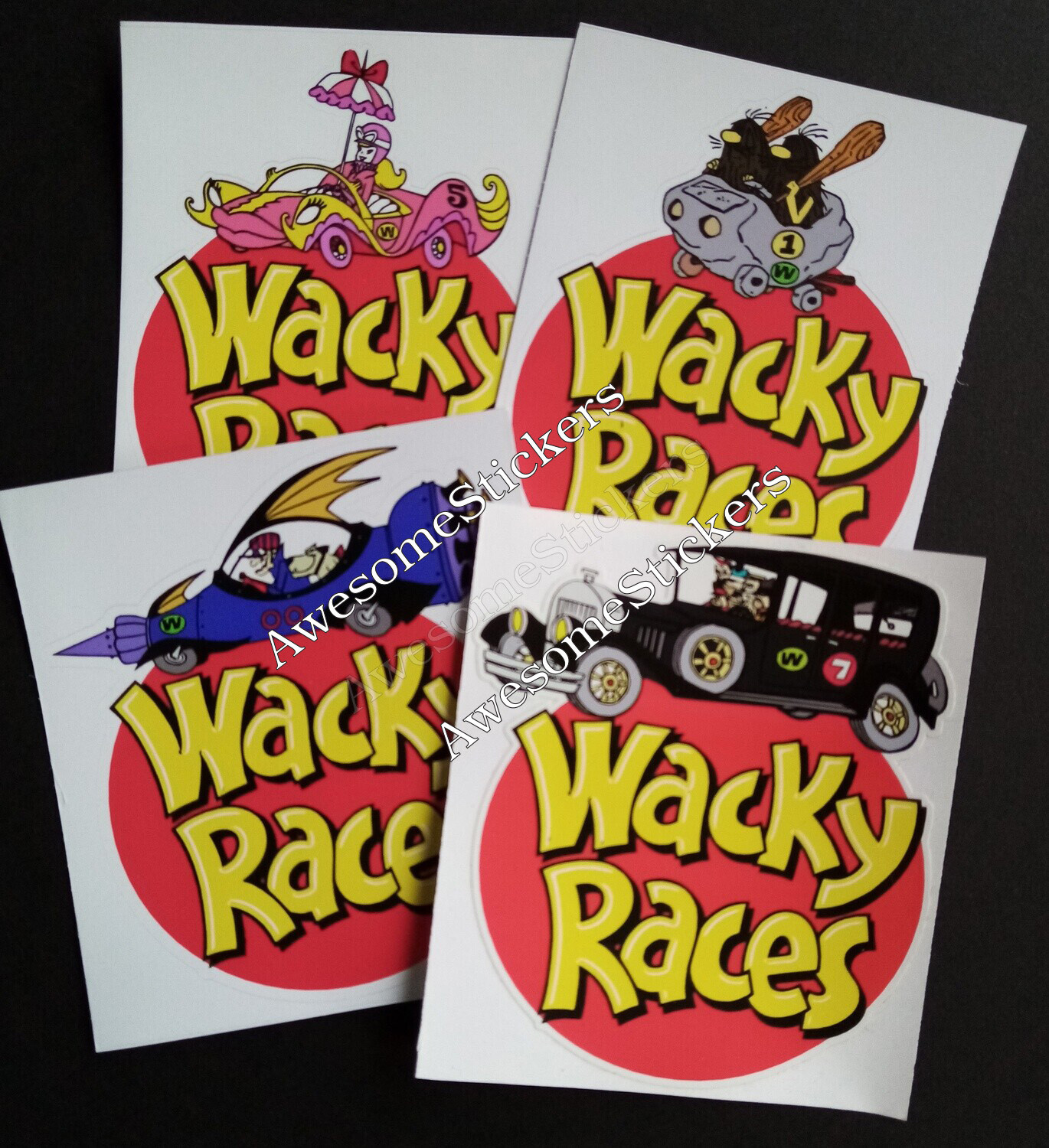 Wacky Races x 4 classic stickers~retro~custom repro DIE CUT