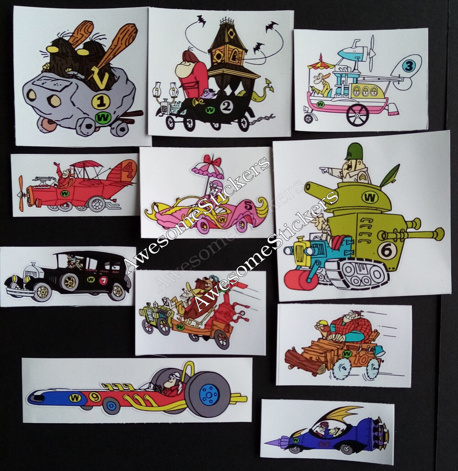 Wacky Races 10+1 classic stickers~retro~custom repro DIE CUT