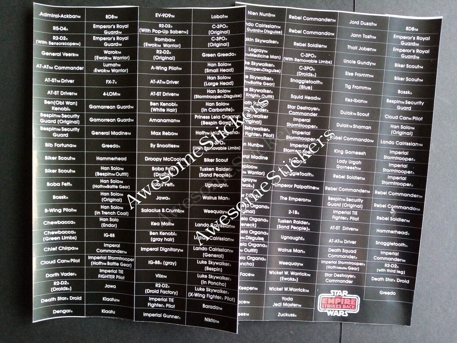 Star Wars Name Charts Black/White custom repro stickers DIE CUT