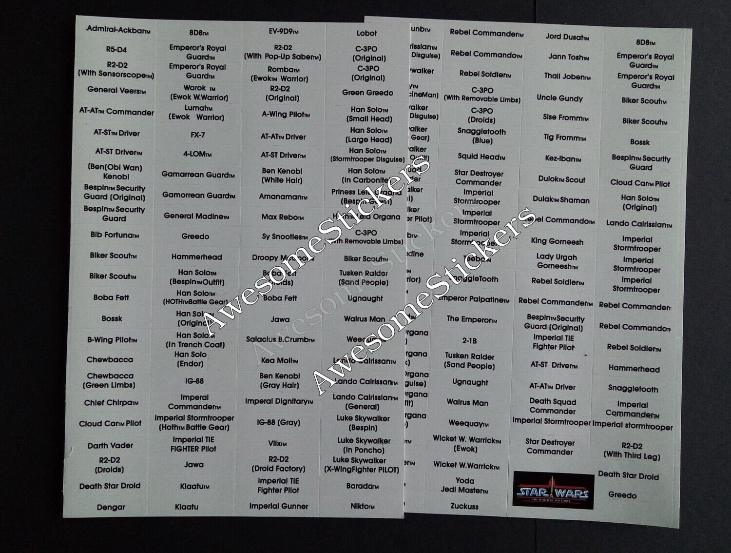 Star Wars Name Charts Grey/Black custom repro stickers DIE CUT