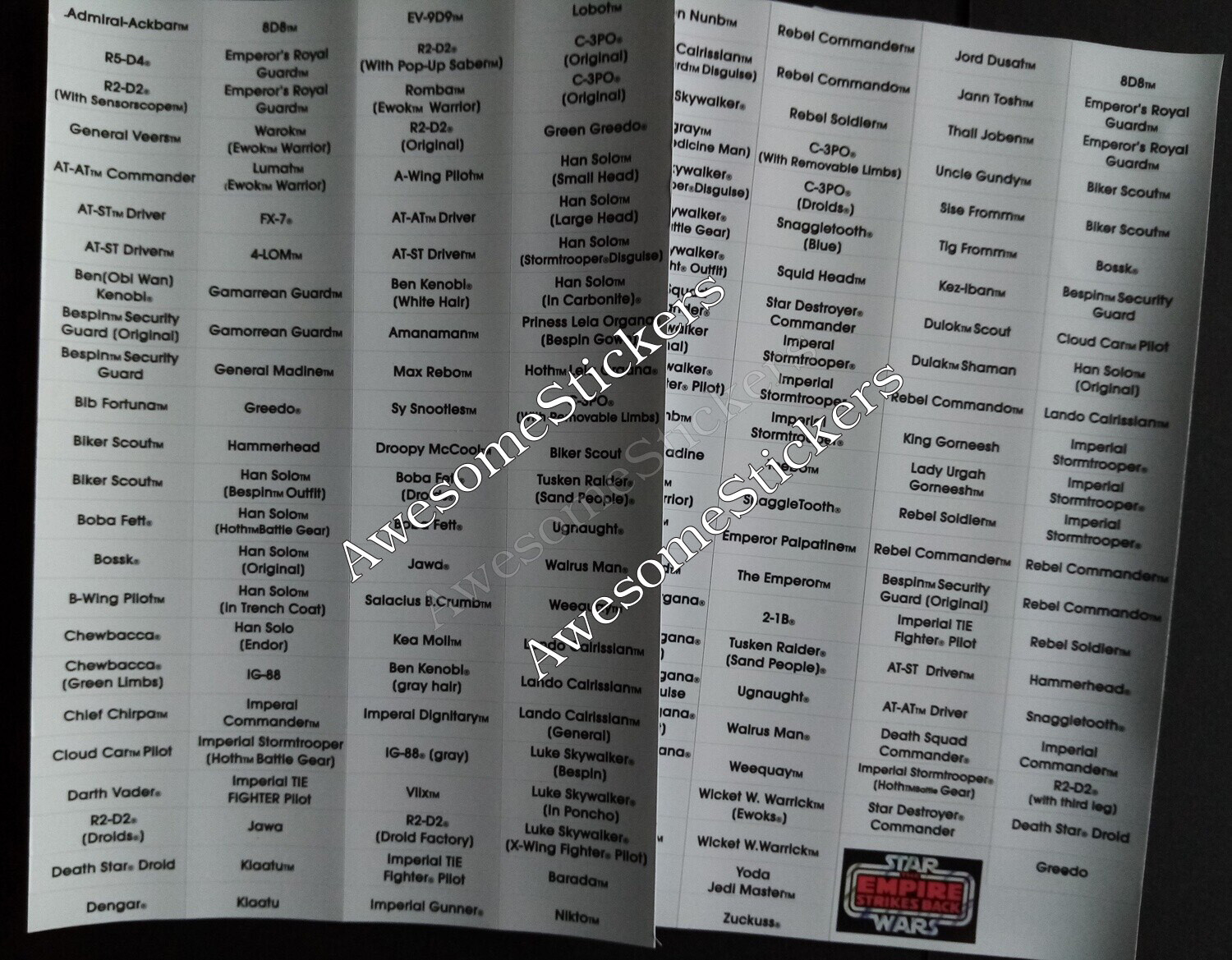 Star Wars Name Charts White/Black custom repro stickers DIE CUT