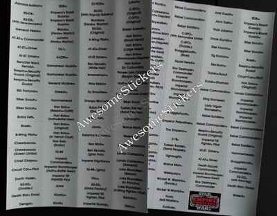 Star Wars Name Charts White/Black custom repro stickers DIE CUT