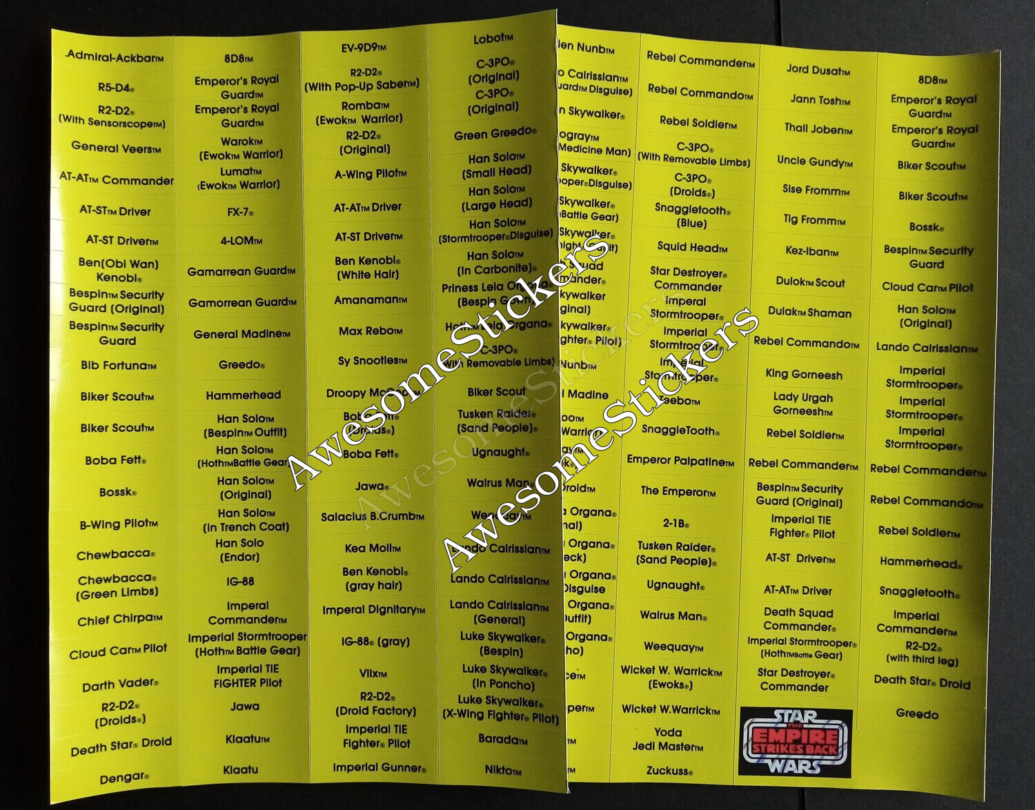 Star Wars Name Charts Yellow/Black custom repro stickers DIE CUT