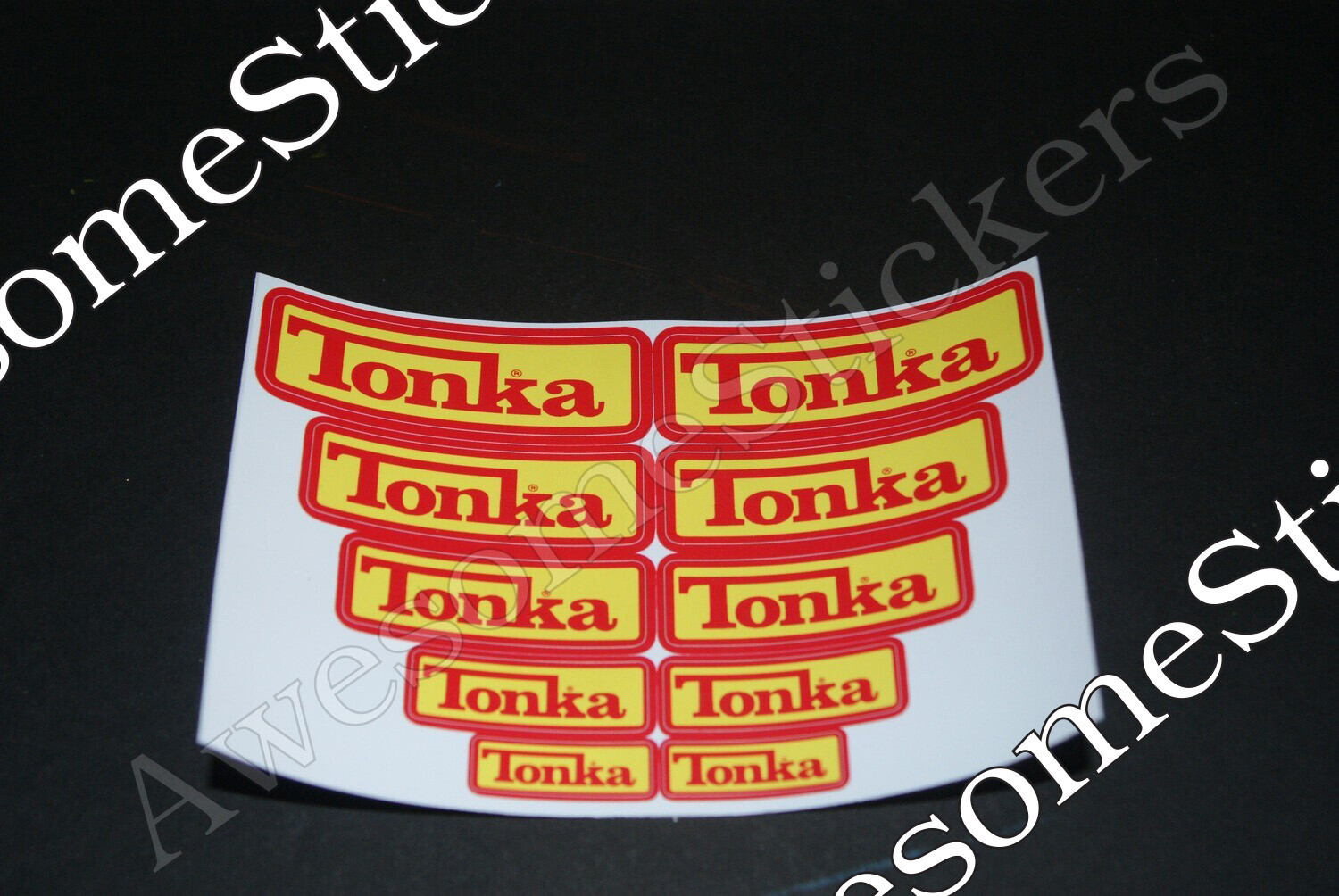 Tonka Yellow Red custom repro stickers 12 x 8.5 cm sheet size DIE CUT