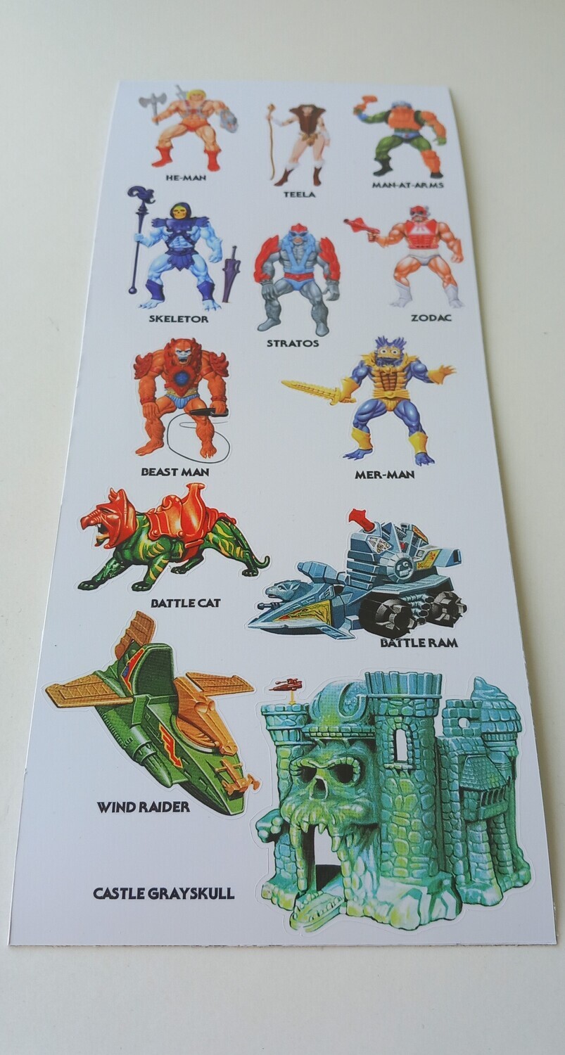 MOTU He Man Masters Of The Universe set of 12 stickers custom repro stickers labels decals printed on Canon 12 ink system printer on gloss vinyl...die cut...sheet size 10&quot; x 4&quot;