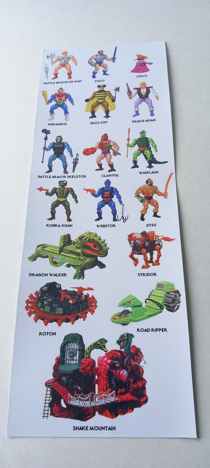 MOTU He Man Masters Of The Universe set of 17 stickers custom repro stickers labels decals printed on Canon 12 ink system printer on gloss vinyl...die cut...sheet size 13&quot; x 4.5&quot;