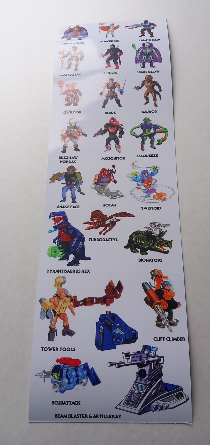 MOTU He Man Masters Of The Universe set of 23 stickers custom repro stickers labels decals printed on Canon 12 ink system printer on gloss vinyl...die cut...sheet size 17&quot; x 5&quot;