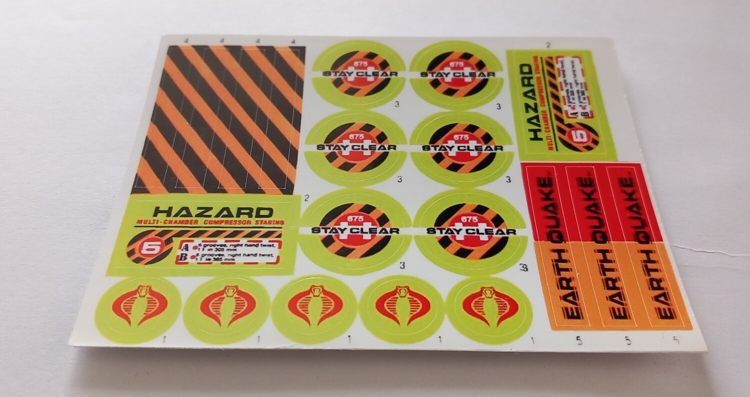 G.I. Joe Earthquake &#39;92 custom sticker label decal sheet using white high gloss vinyl all DIE CUT