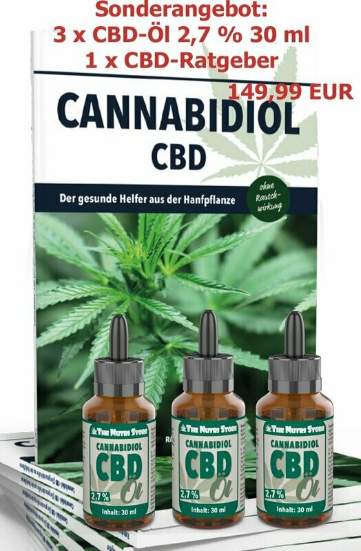 SONDERANGEBOT: 3 x CBD Öl 2,7% 30 ml plus 1 CBD-Ratgeber SONDERANGEBOT: 3 x CBD Öl 2,7% 30 ml plus 1 CBD-Ratgeber