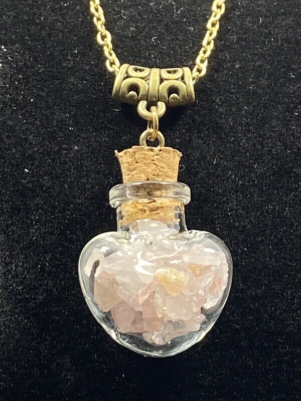 Pendentif Or : Bouteille Quartz Rose - Coeur