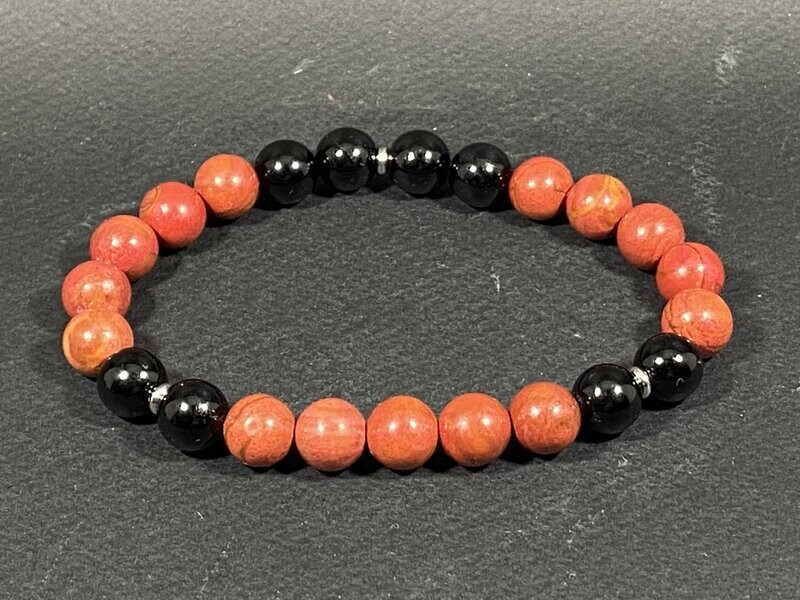 Bracelet de Jaspe Rouge & Tourmaline Noire  en perles 8mm