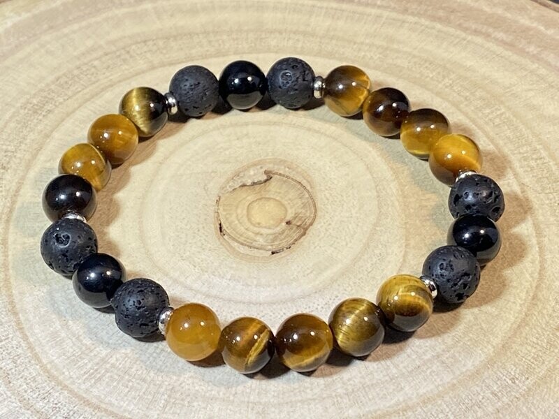 Bracelet d'Œil de Tigre, Pierre de Lave & Tourmaline Noire  en perles 8mm