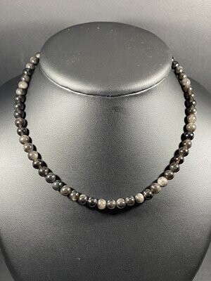 Collier d'Obsidienne Argentée en perles 6mm
