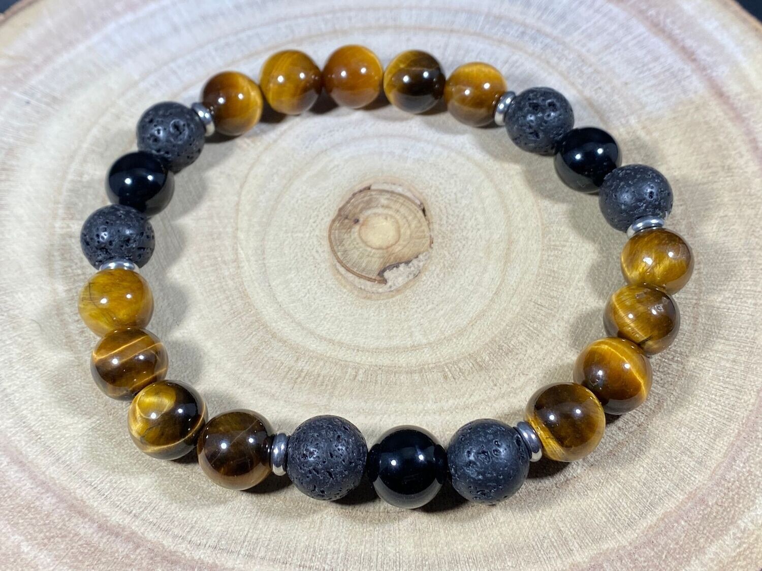 Bracelet d'Œil de Tigre, Pierre de Lave & Tourmaline Noire  en perles 8mm