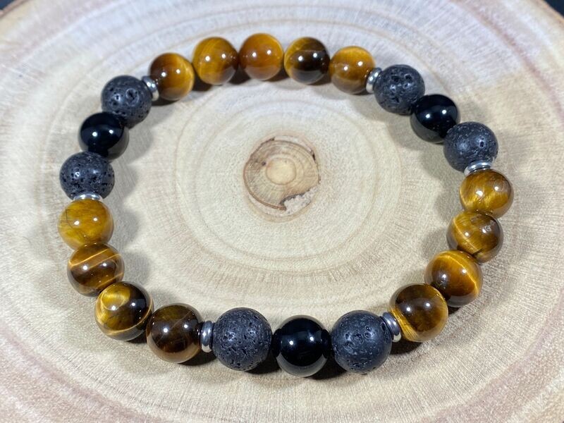 Bracelet d'Œil de Tigre, Pierre de Lave & Tourmaline Noire  en perles 8mm