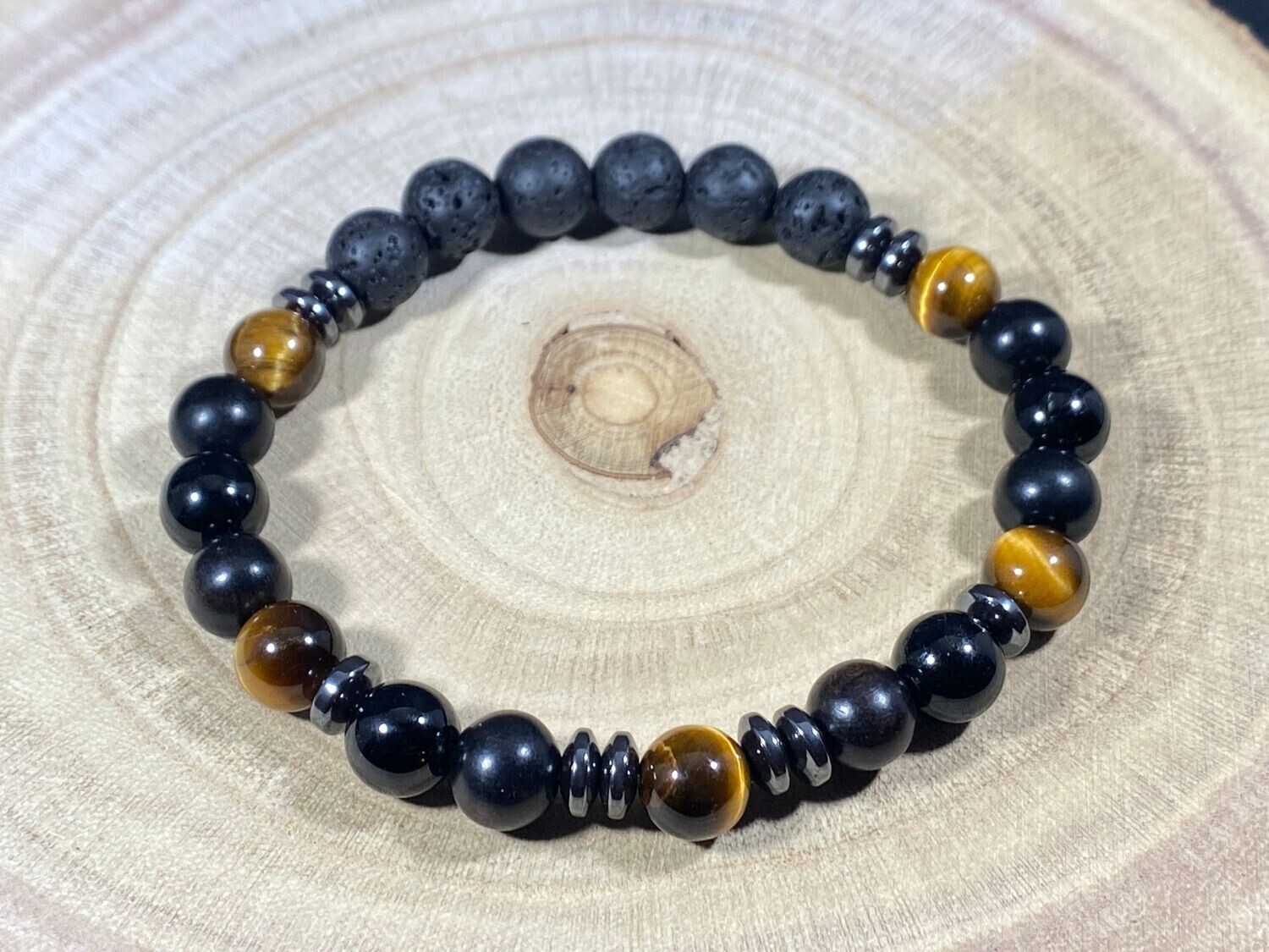 Bracelet d'Œil de Tigre, Pierre de Lave, Spinelle & Ébène en perles 8mm