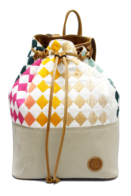 Beige Velvet, Tan Leather & Rainbow Textile Beige Velvet, Tan Leather & Rainbow Textile