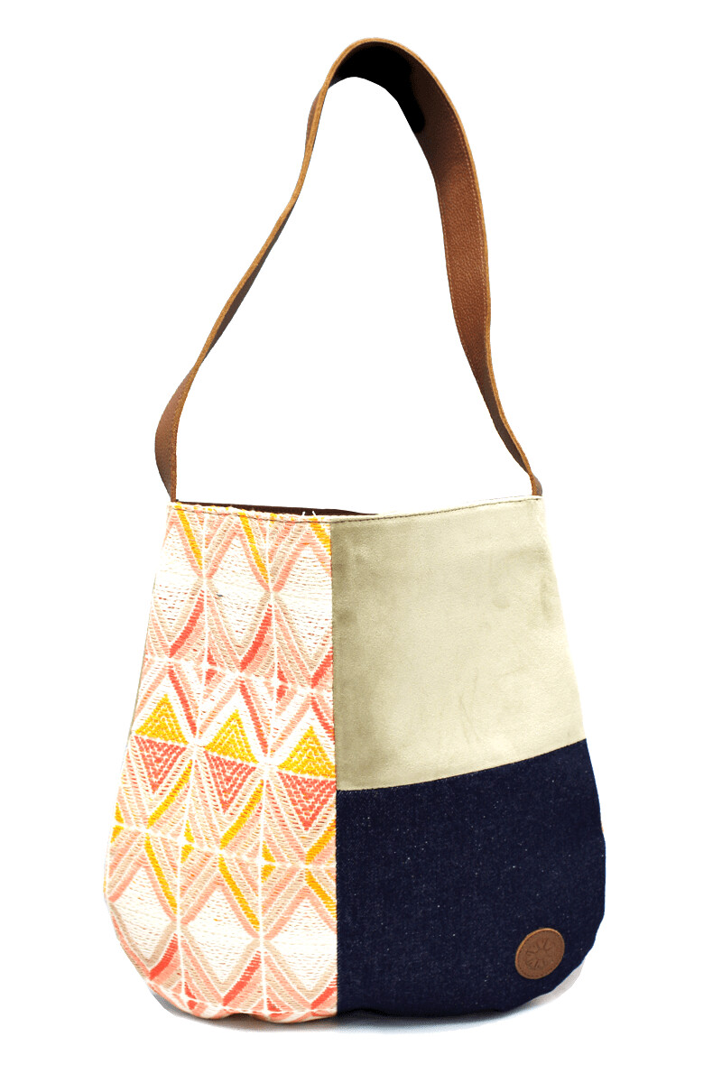 Velvet, Denim & Peach Textile Shoulder Bag 