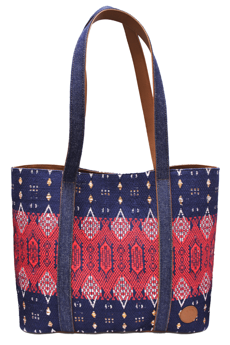 Denim, Leather, & Red Blue Textile Shoulder Bag 
