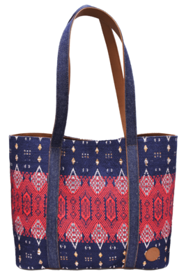 Denim, Leather, & Red Blue Textile Shoulder Bag Denim, Leather, & Red Blue Textile Shoulder Bag