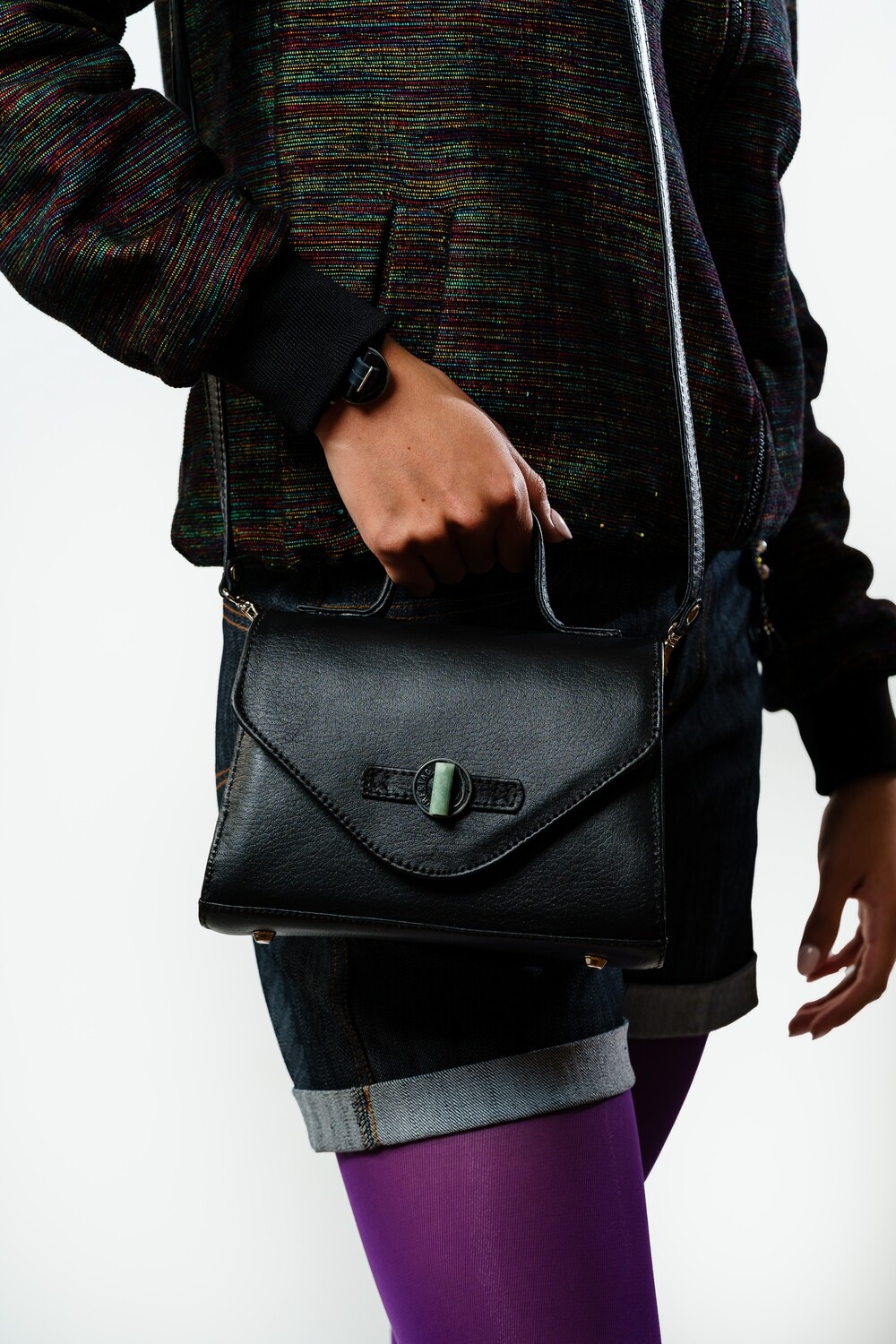 Black Leather Crossbody Mini Satchel Bag 