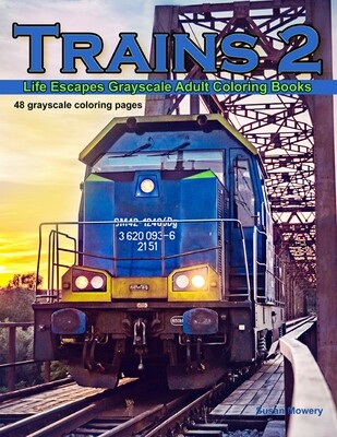 Trains 2 Grayscale Adult Coloring Book PDF Digital Download