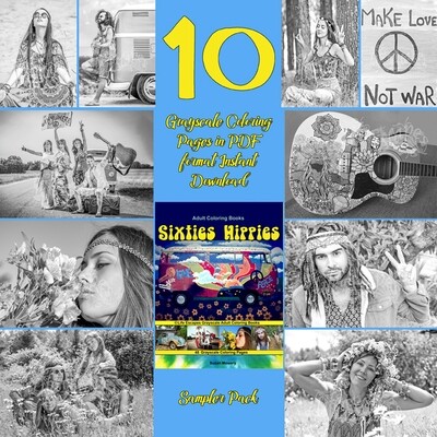 Sixties Hippies Sampler Pack Grayscale Coloring Pages PDF