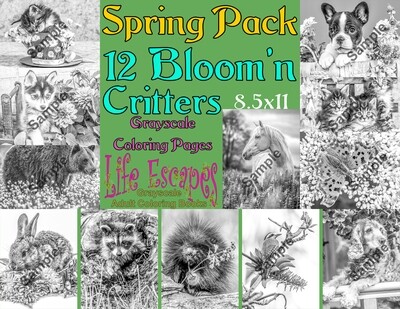 Spring Pack 12 Bloom'n Critters Grayscale Adult Coloring Pages PDF