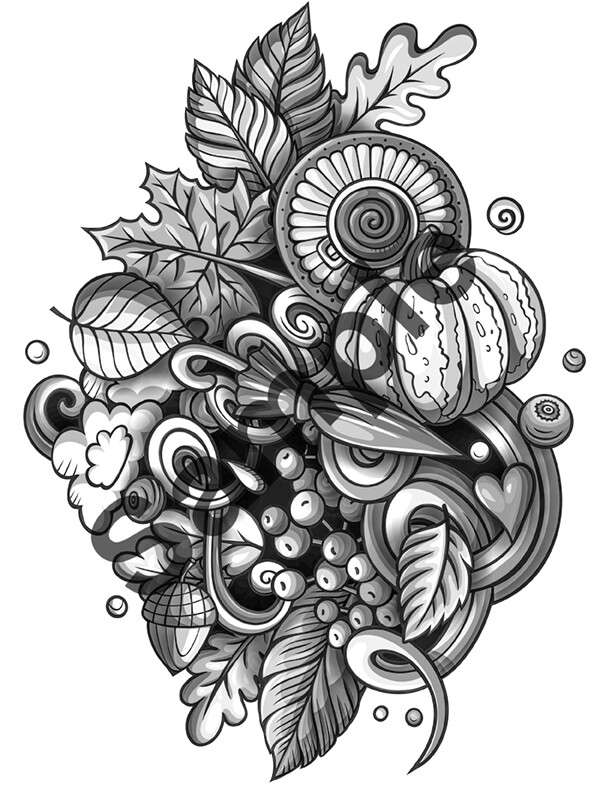 Autumn Grayscale Adult Coloring Page with Color Guide