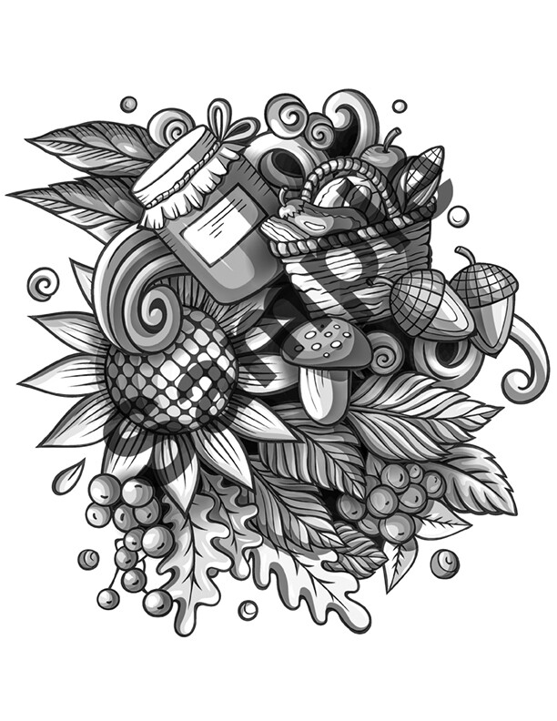 Autumn Grayscale Adult Coloring Page 3 with Color Guide