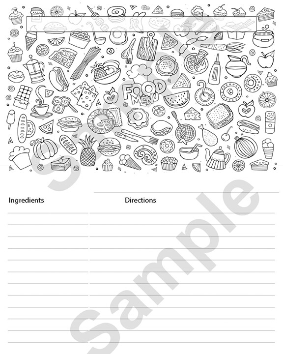 Printable Recipe Card Colorable #15 8x10 inches Instant Download