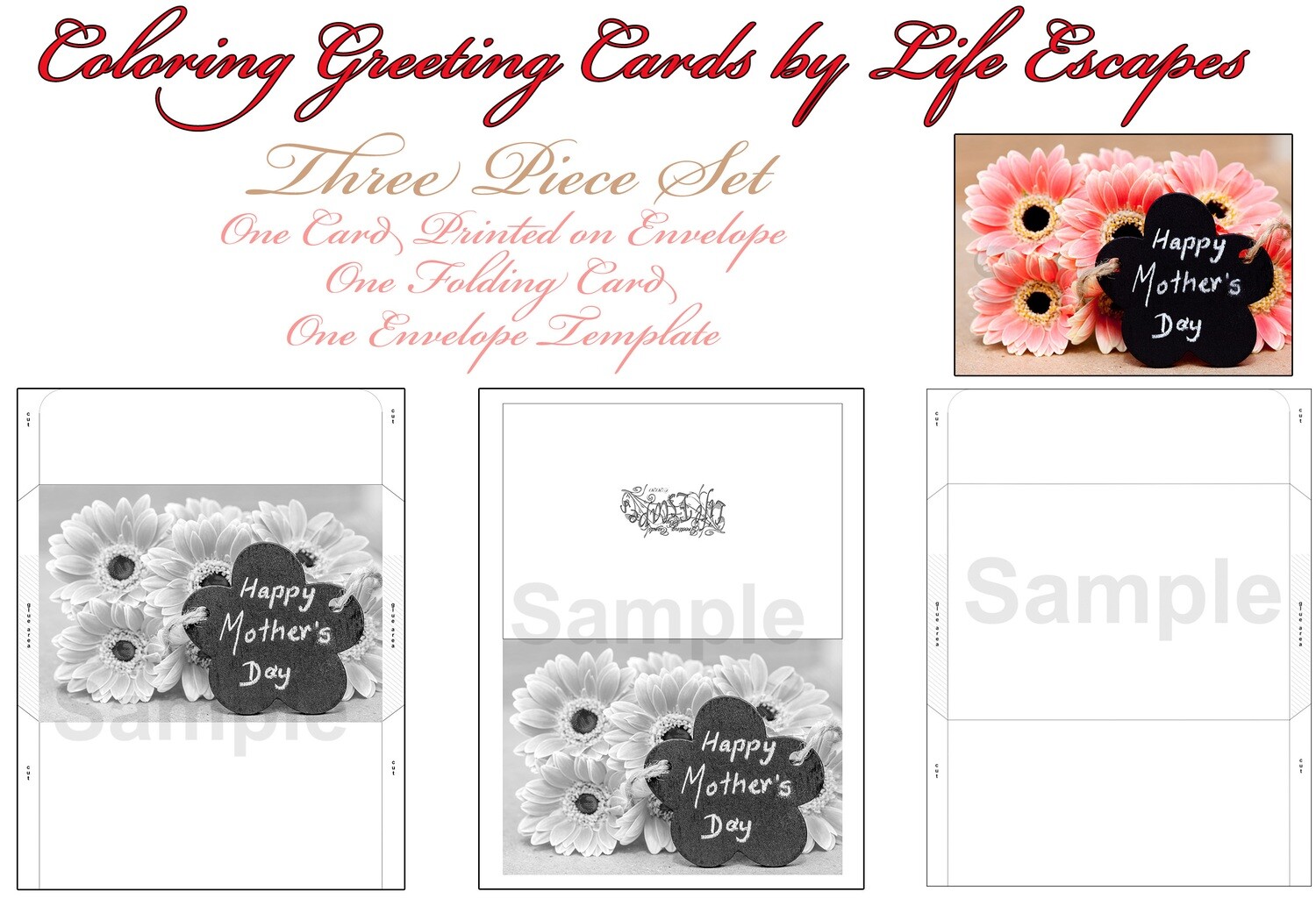 Mother's Day Greeting Card 3 Piece Set #2, Printable, Colorable