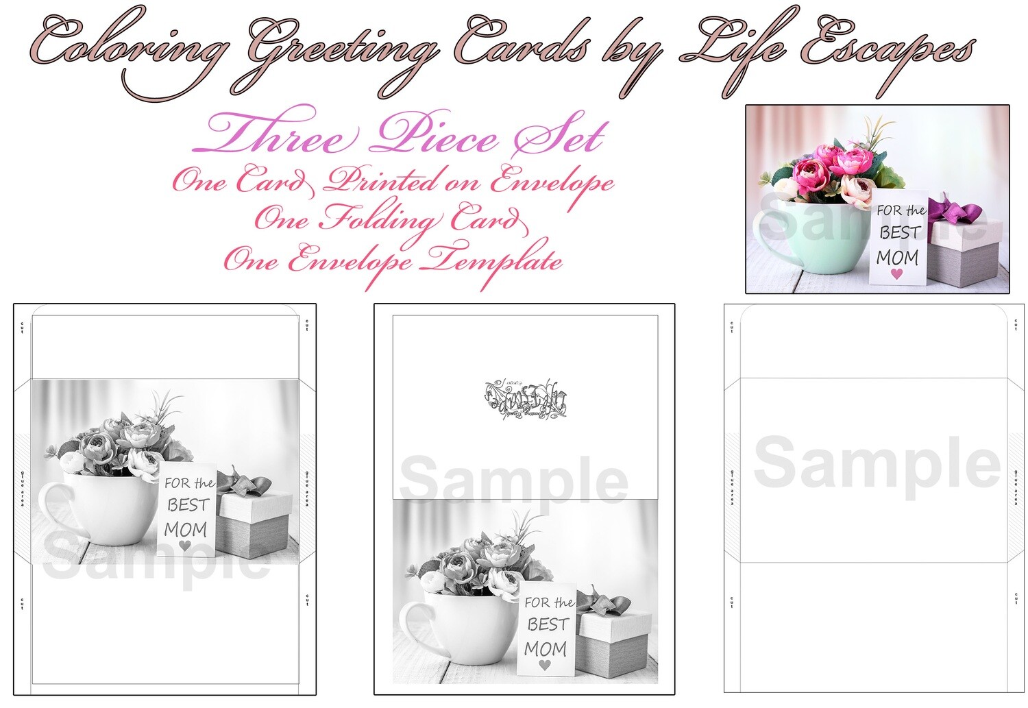 Mother's Day Greeting Card #4, 3 Piece Set, Printable, Colorable