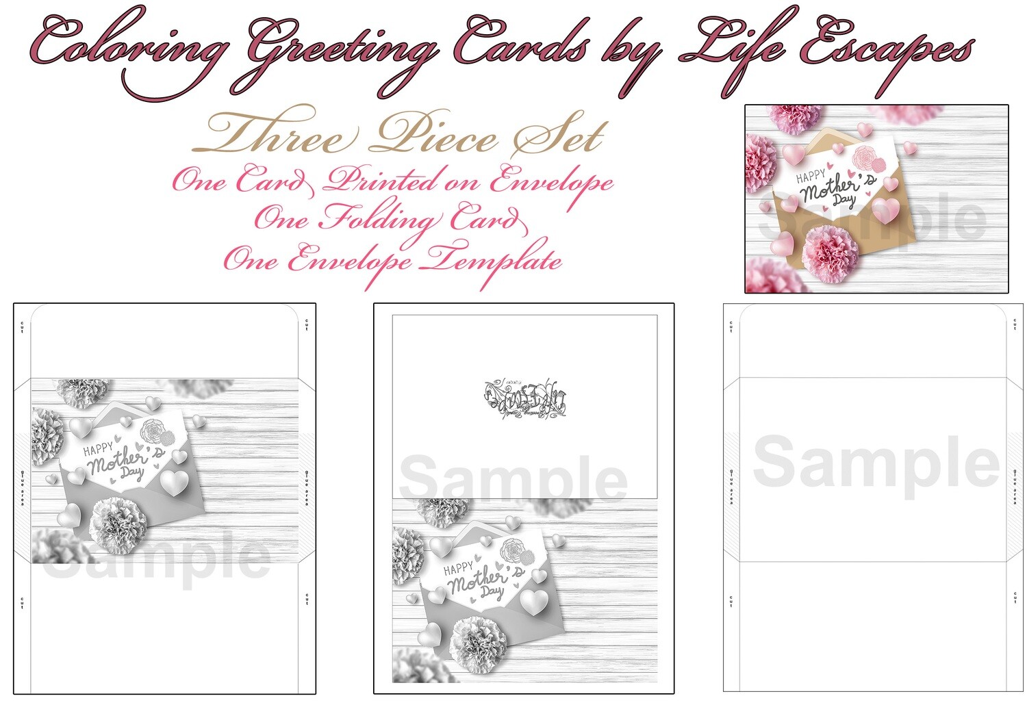 Mother's Day Greeting Card #5, 3 Piece Set, Printable, Colorable